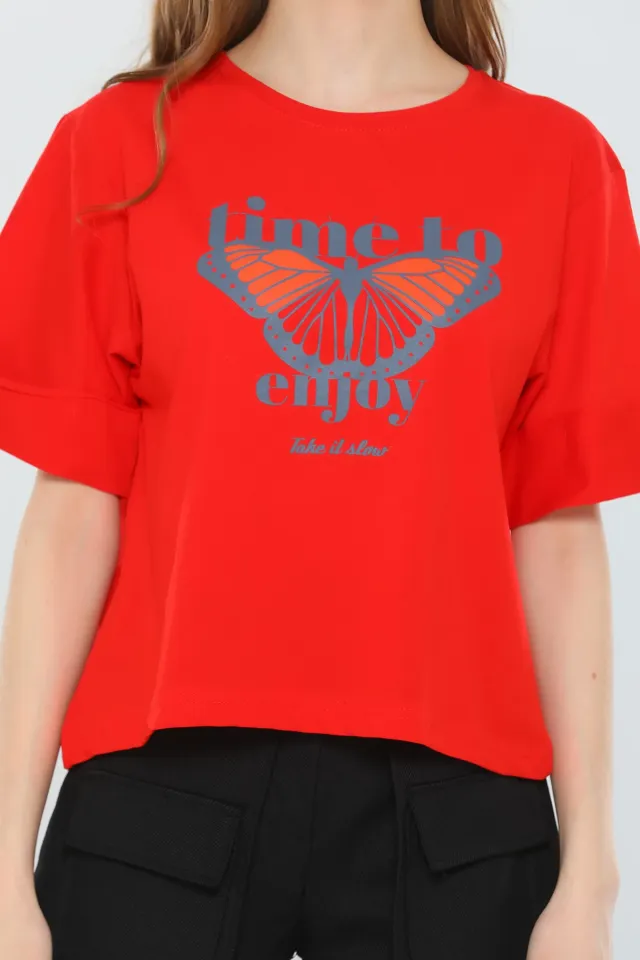 Kadın Likralı Bisiklet Yaka Duble Kol Baskılı T-shirt Kırmızı