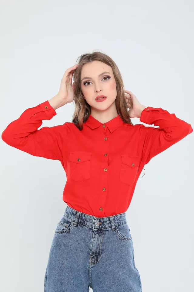 Kadın Likralı Kol Apoletli Basic Gömlek Kırmızı