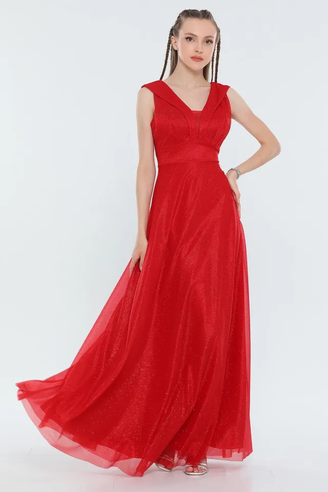 Kadın Yaka Tül Dekolteli Astarlı Işıltılı Uzun Abiye Elbise Kırmızı