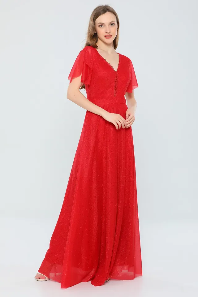 Kadın Yaka Tül Dekolteli Kol Volanlı Astarlı Işıltılı Uzun Abiye Elbise Kırmızı