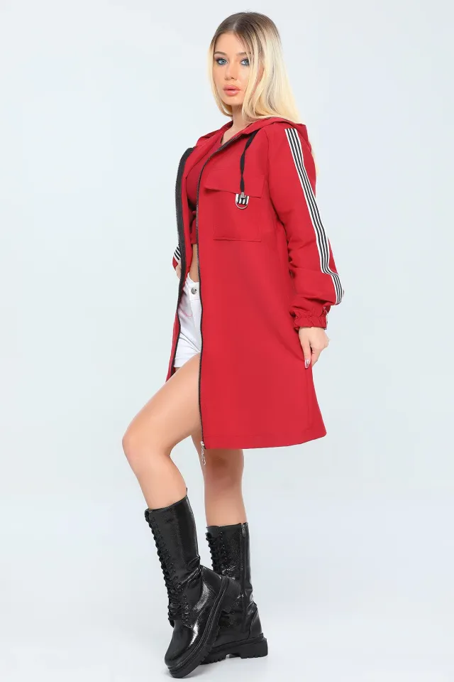 Kadın Kapüşonlu Şeritli Uzun Trençkot Kırmızı