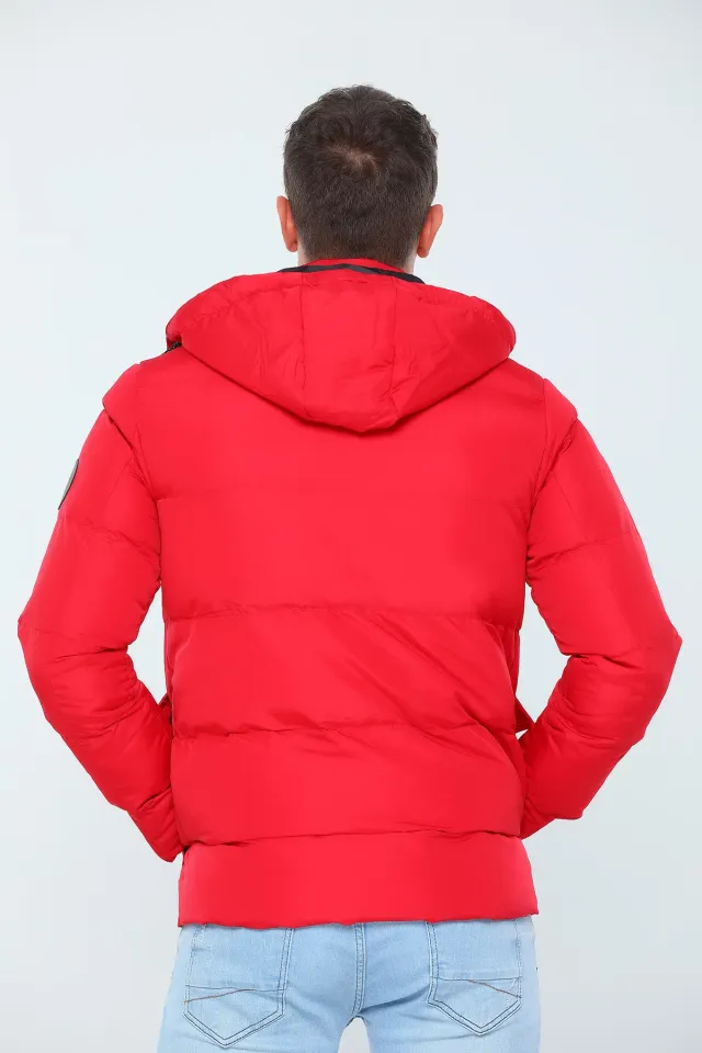 Erkek Kapüşonlu İç Astarlı Kışlık Şişme Mont Kırmızı