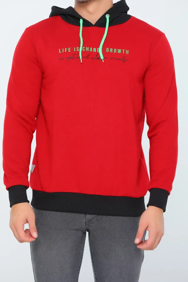 Erkek Likralı Kapüşonlu Slim Fit Sweatshirt Kırmızı
