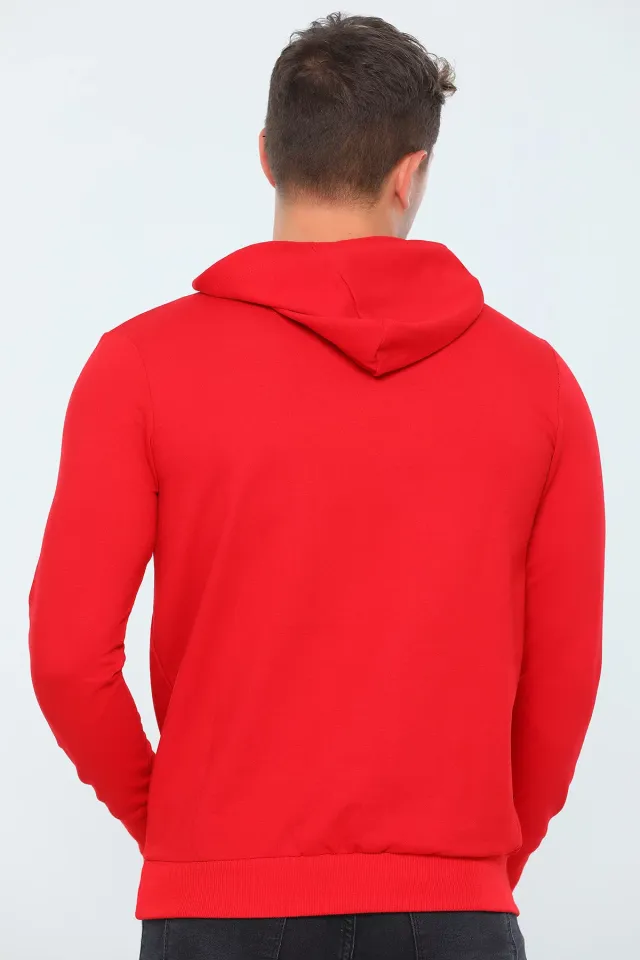 Erkek Likralı Kapüşonlu Baskılı Slim Fit Sweatshirt Kırmızı