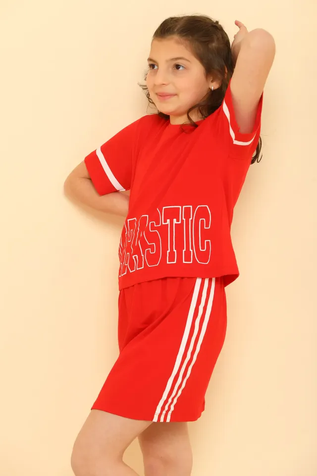 Kız Çocuk Likralı T-shirt Etek İkili Takım Kırmızı
