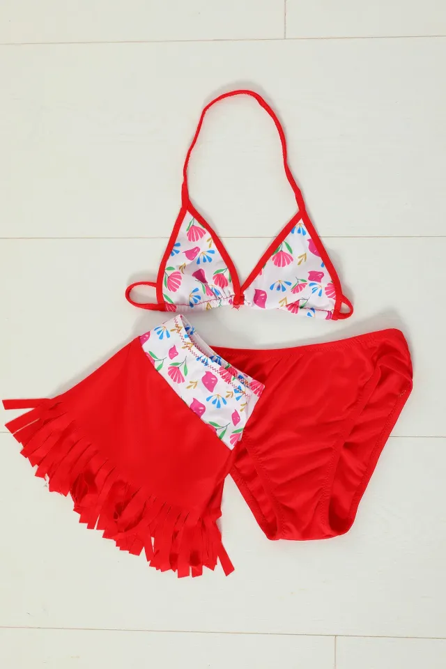 Kız Çocuk Üçgen Kesim Baskılı Etekli Bikini Takım Kırmızı