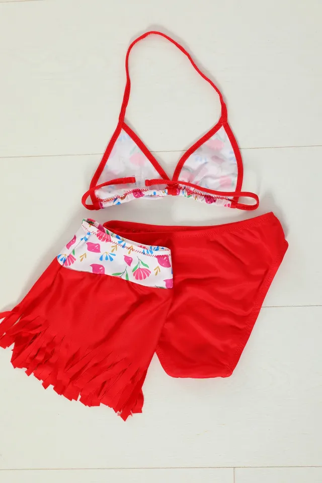 Kız Çocuk Üçgen Kesim Baskılı Etekli Bikini Takım Kırmızı