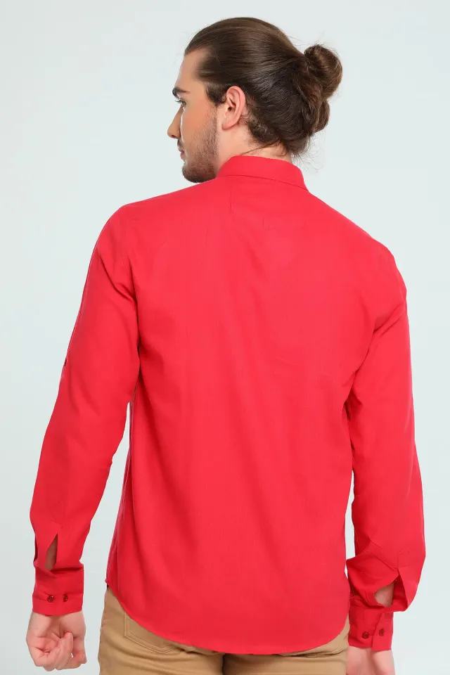 Erkek Nakışlı Keten Uzun Kollu Gömlek Kırmızı