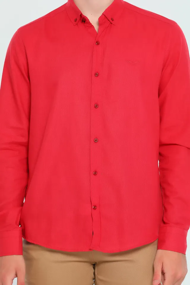 Erkek Nakışlı Keten Uzun Kollu Gömlek Kırmızı