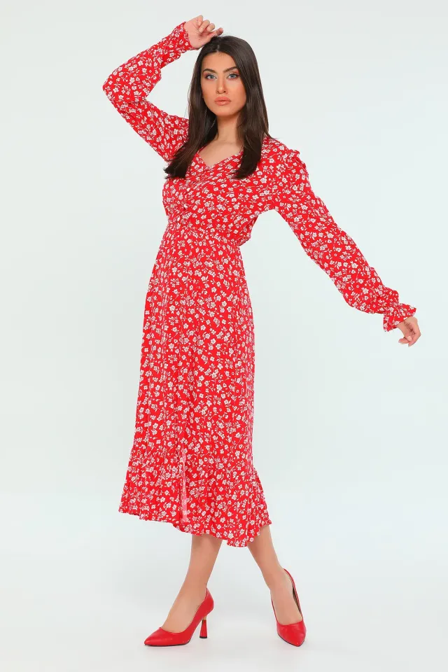 Yaka Düğmeli Eteği Yırtmaçlı Çiçek Desenli Kadın Elbise Kırmızı