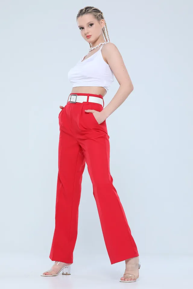 Yüksek Bel Bol Paça Kadın Pantolon Kırmızı