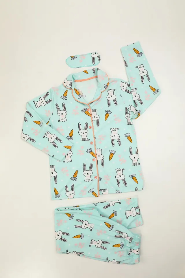Kız Çocuk Baskılı Düğmeli Pijama Takımı Mint