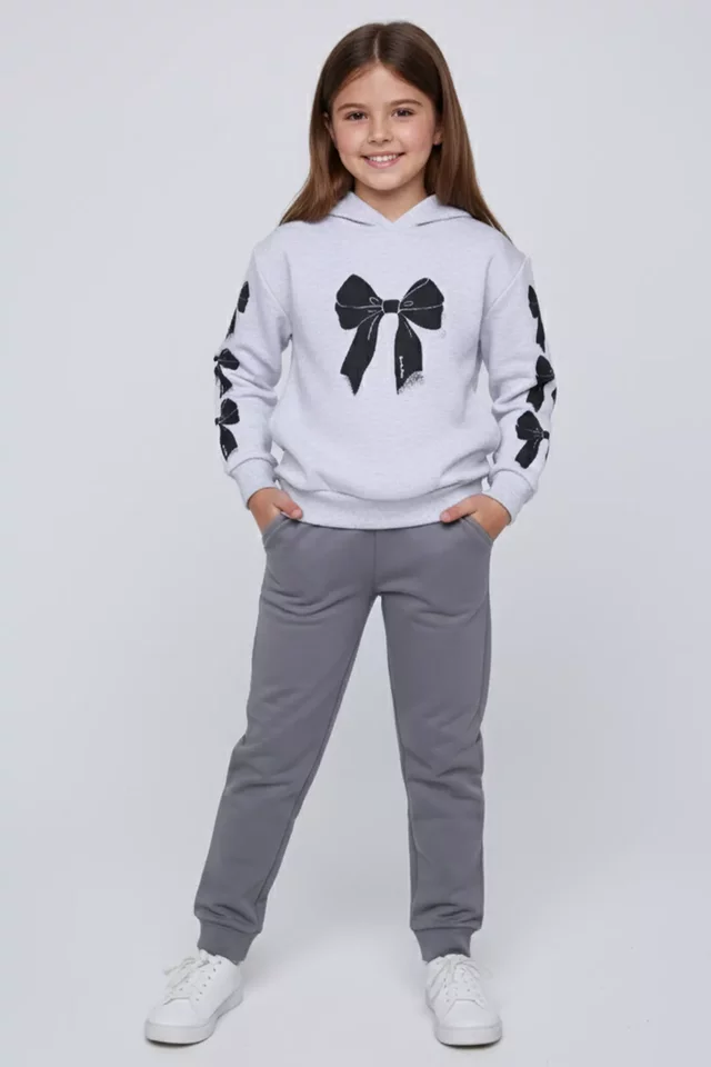 Kız Çocuk Baskılı Kapüşonlu Üç İplik Şardonlu Sweatshirt - 1