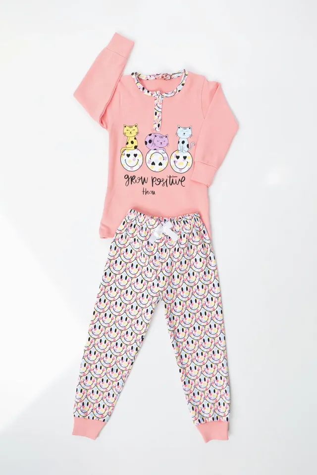 Kız Çocuk Baskılı Pijama Takımı Koyupudra