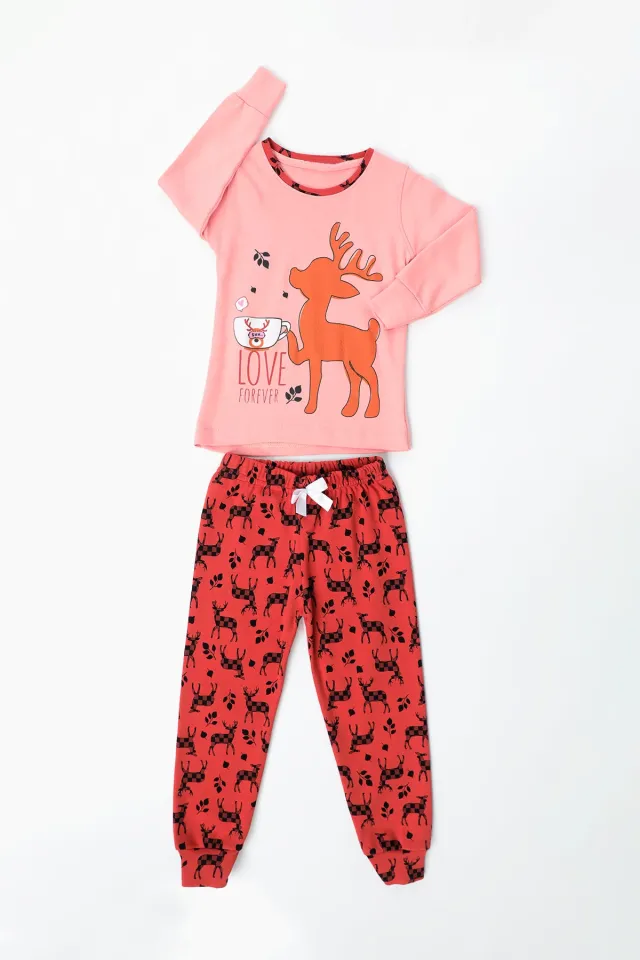 Kız Çocuk Baskılı Pijama Takımı Pudra