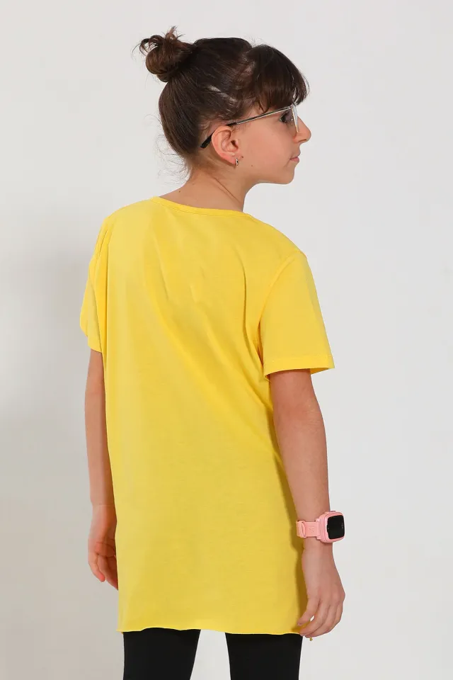 Kız Çocuk Bisiklet Yaka Ön Baskılı T-shirt Sarı