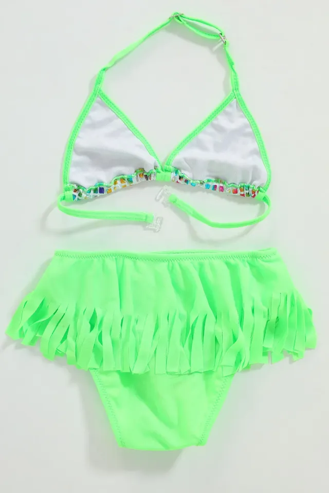 Kız Çocuk Desenli Etekli Bikini Takım Neon Yeşil