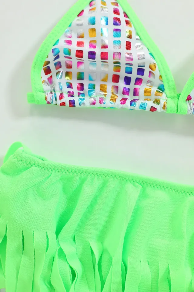 Kız Çocuk Desenli Etekli Bikini Takım Neon Yeşil