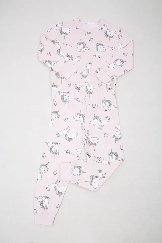 Kız Çocuk Desenli Pijama Takımı Pudra