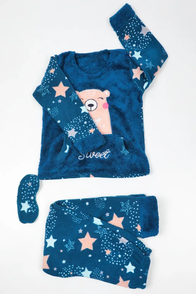 Kız Çocuk Desenli Polar Pijama Takımı Petrol