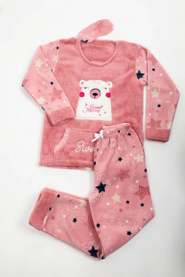 Kız Çocuk Desenli Polar Pijama Takımı Pudra