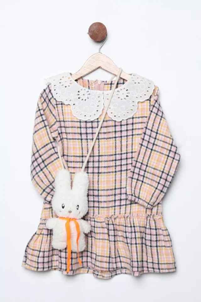 Kız Çocuk Ekose Desenli Tavşan Aksesuarlı Elbise Pudra