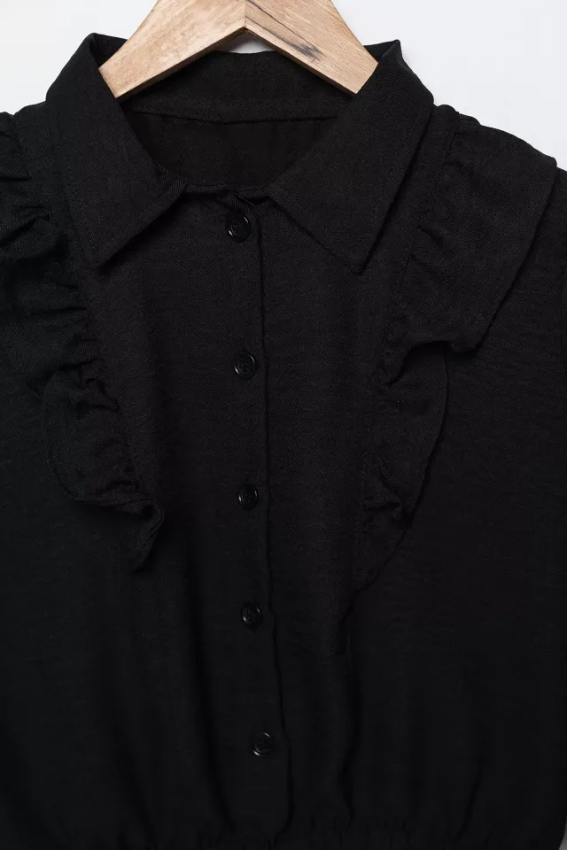 Kız Çocuk Fırfırlı Lastikli Gömlek Siyah