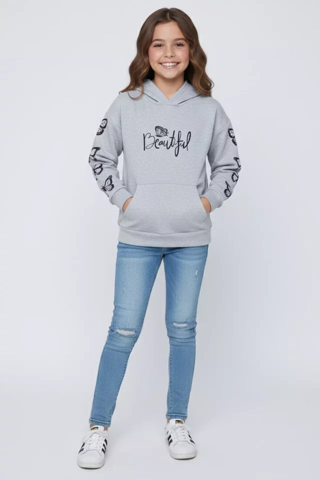 Kız Çocuk Kapüşonlu Üç İplik Şardonlu Sweatshirt - 1