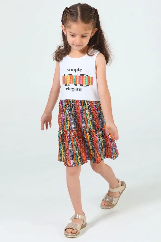 Kız Çocuk Kolsuz Desenli Elbise Kremrenkli