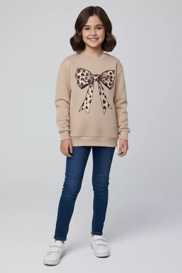 Kız Çocuk Kurdele Baskılı Üç İplik Şardonlu Sweatshirt - 1