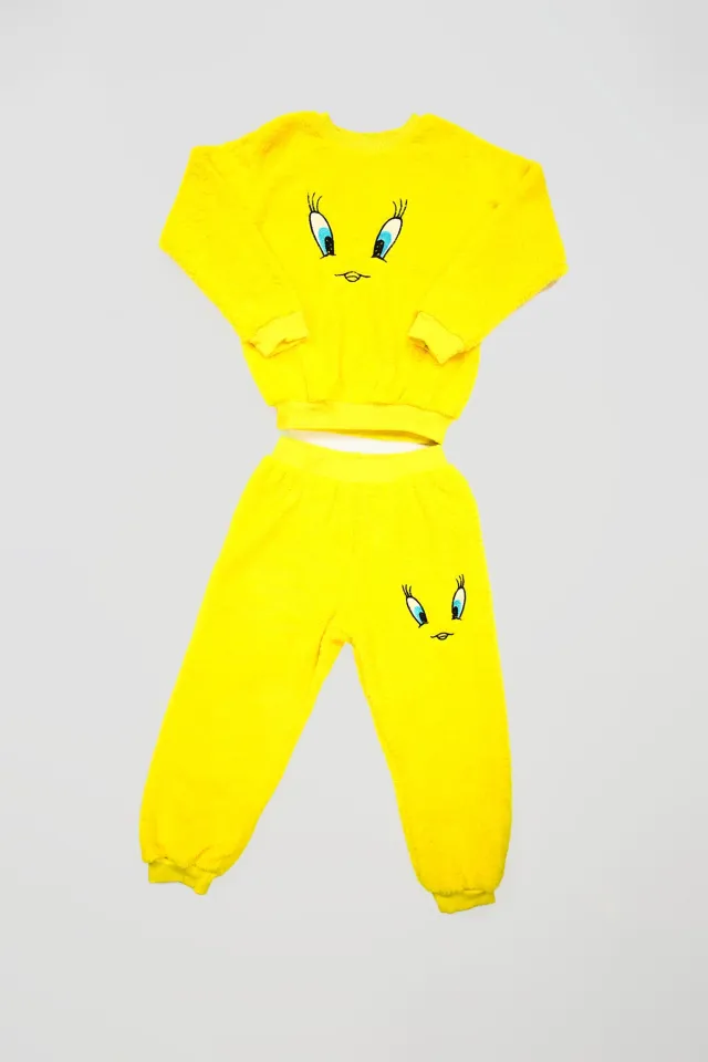 Kız Çocuk Nakışlı Peluş Pijama Takımı Sarı
