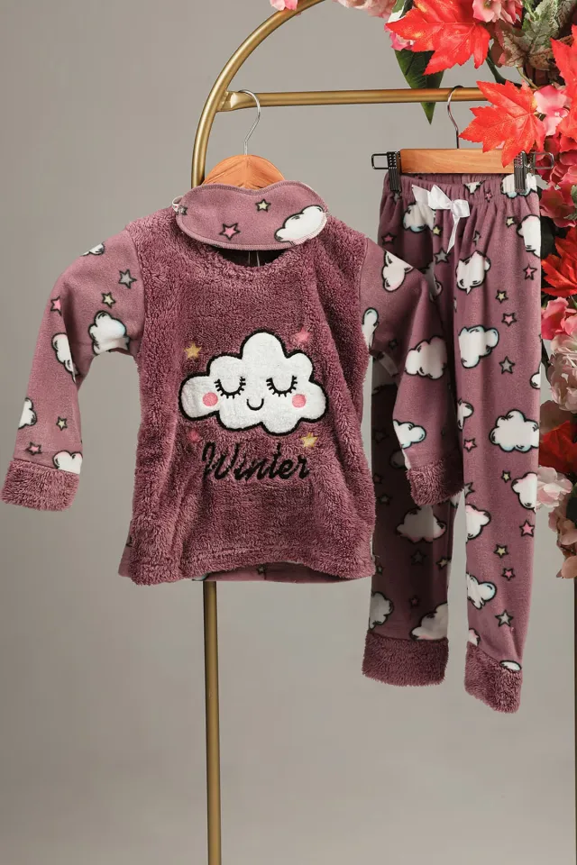 Kız Çocuk Nakışlı Polar Pijama Takımı Lila