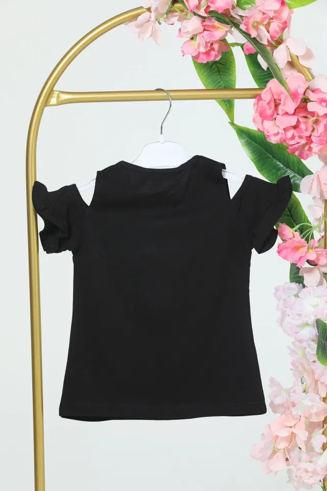 Kız Çocuk Omuz Fırfırlı Çiçek Baskılı T-shirt Siyah