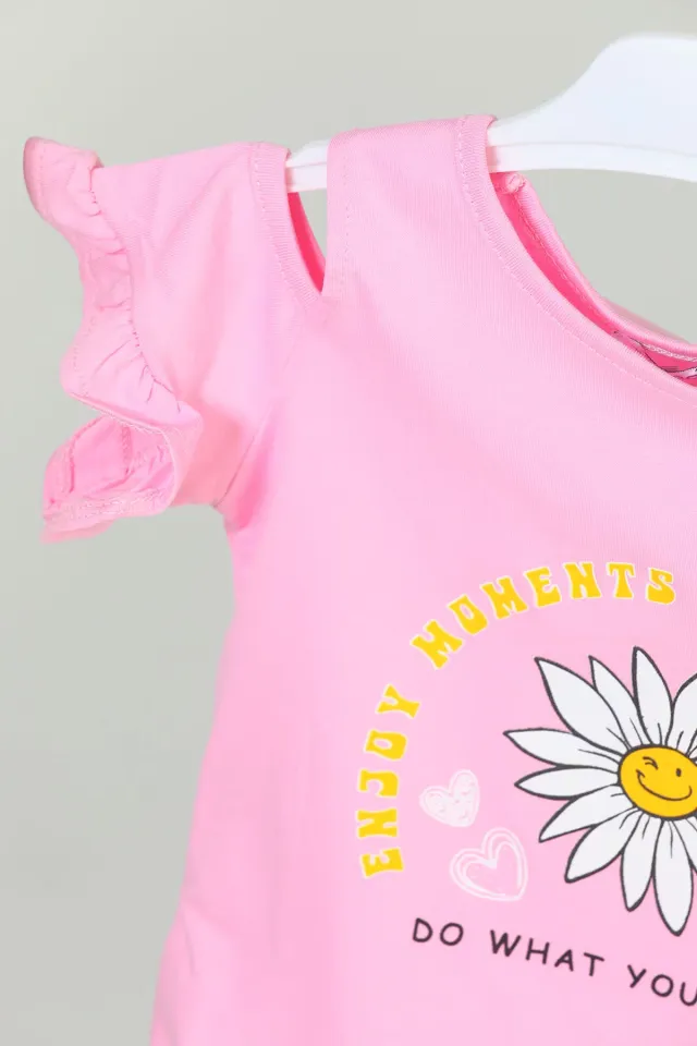 Kız Çocuk Omuz Fırfırlı Çiçek Baskılı T-shirt Pembe