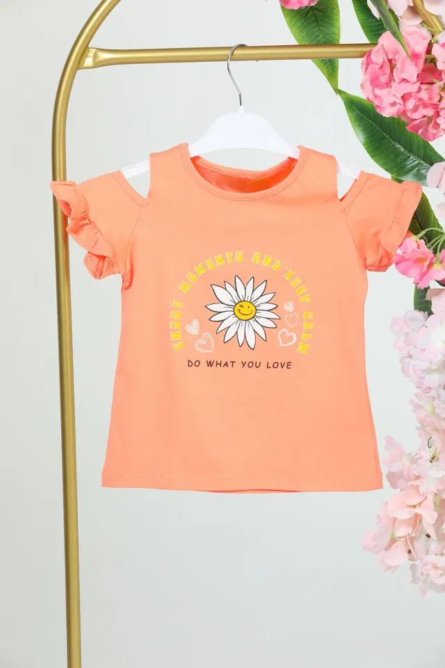 Kız Çocuk Omuz Fırfırlı Çiçek Baskılı T-shirt Somon