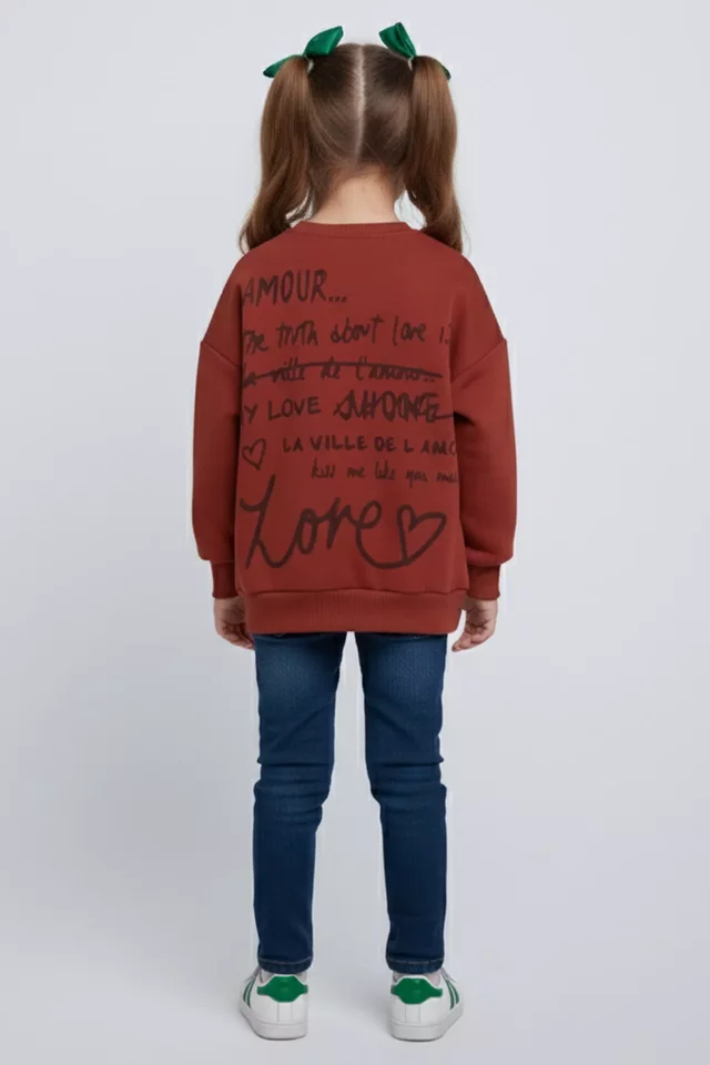 Kız Çocuk Üç İplik Şardonlu Arka Baskılı Sweatshirt