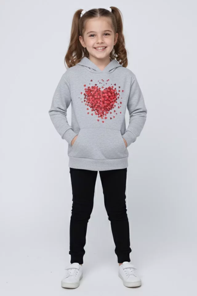 Kız Çocuk Üç İplik Şardonlu Kalp Baskılı Sweatshirt - 1