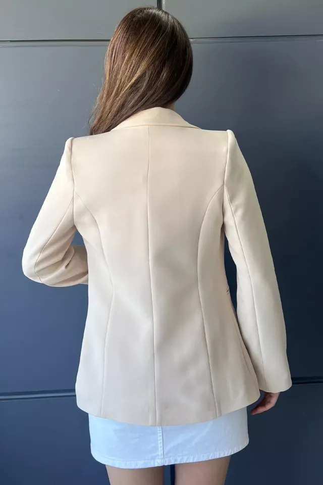Kolları Taş Detaylı Kadın Blazer Ceket Bej