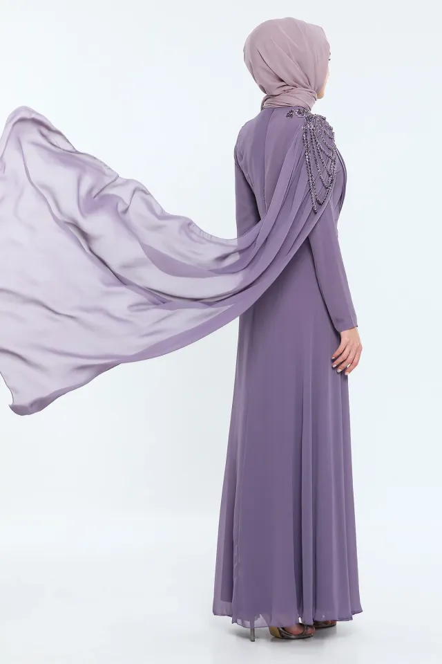Kadın Modest Omuzu Boncuk Pelerinli Uzun Tesettür Abiye Elbise Koyu Lila