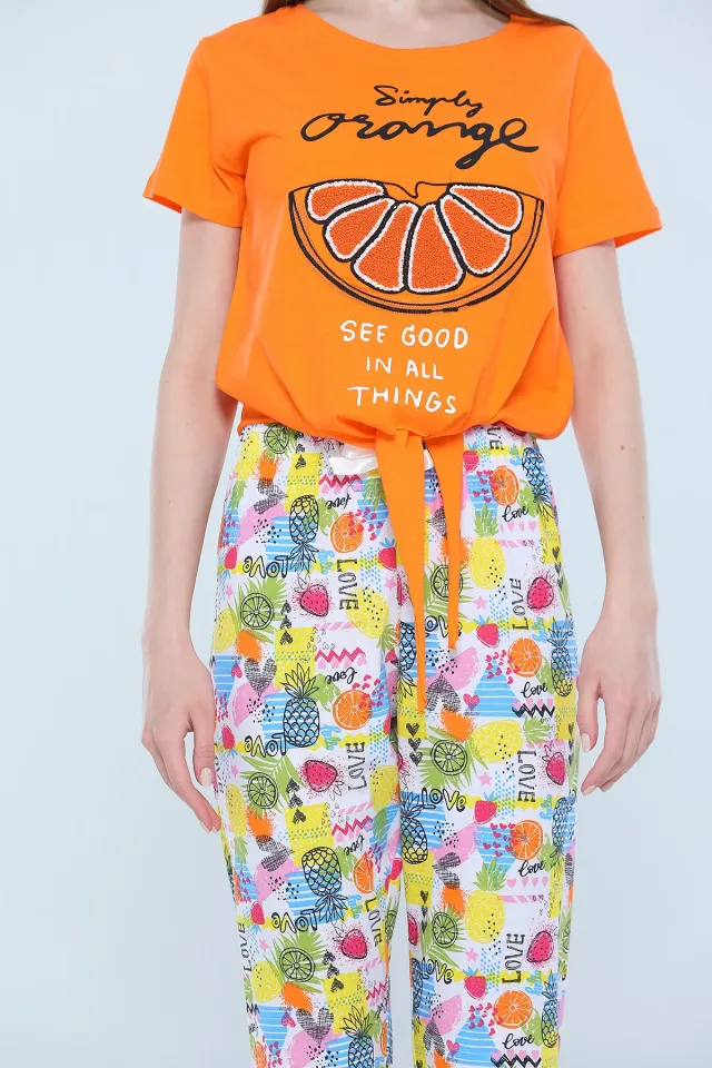 Kadın Likralı Bisiklet Yaka Ön Bağlamalı Alt Desenli Pijama Takımı Koyu Orange