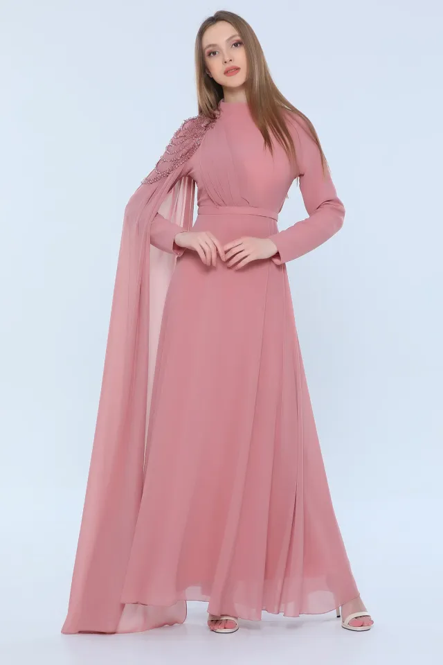 Kadın Modest Omuzu Boncuk Pelerinli Uzun Tesettür Abiye Elbise Koyupudra