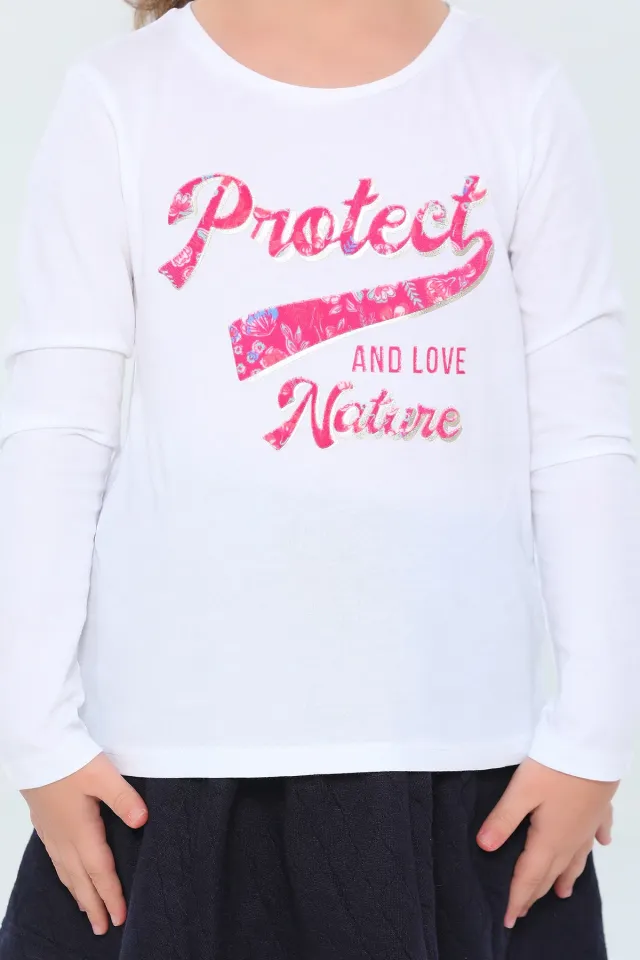 Kız Çocuk Likralı Baskılı Sweatshirt Krem