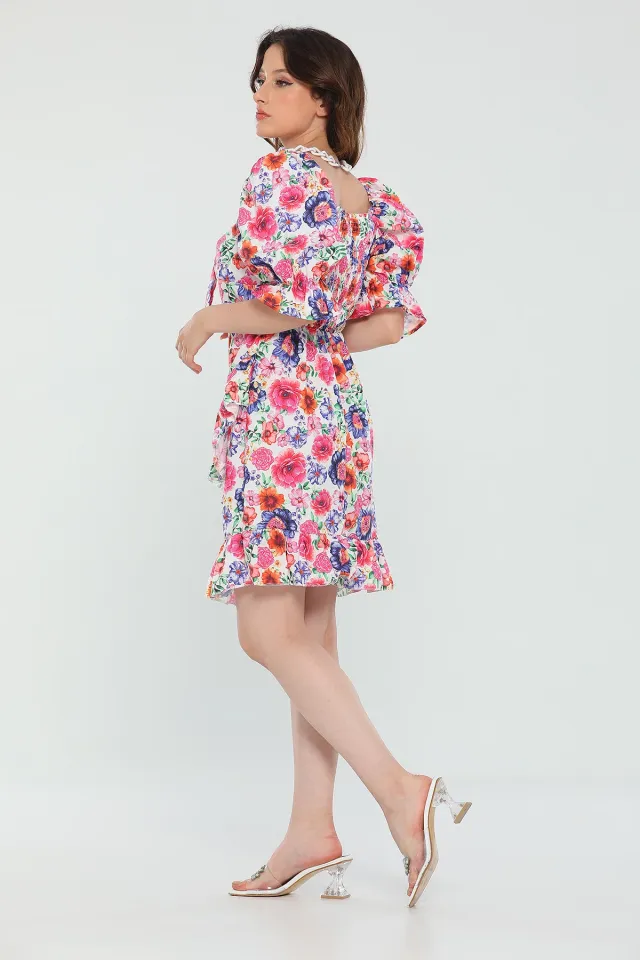 Kadın Prenses Kol Sırt Gipeli Çiçek Desenli Yazlık Mini Elbise Krem