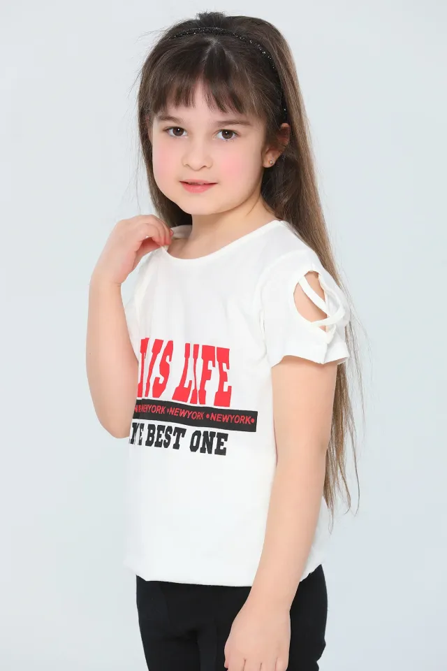 Kız Çocuk Likralı Bisiklet Yaka Kol Detaylı T-shirt Krem