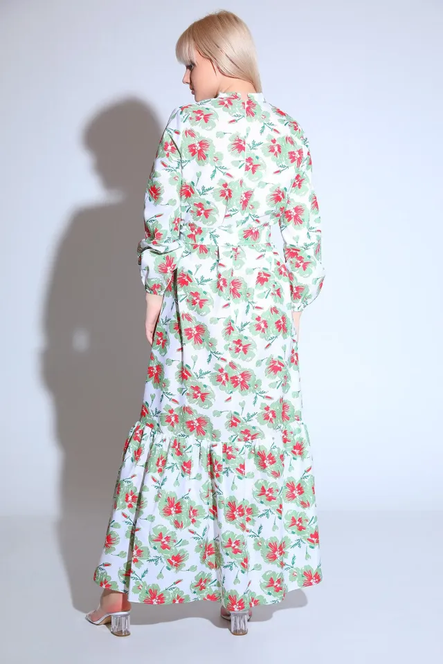 Kadın Modest Eteği Katlı Kol Lastikli Desenli Yazlık Tesettür Elbise Kremmint