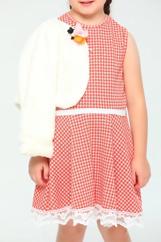 Kız Çocuk Likralı Peluş Hırka Kombinli Desenli Elbise Kremnarçiçeği