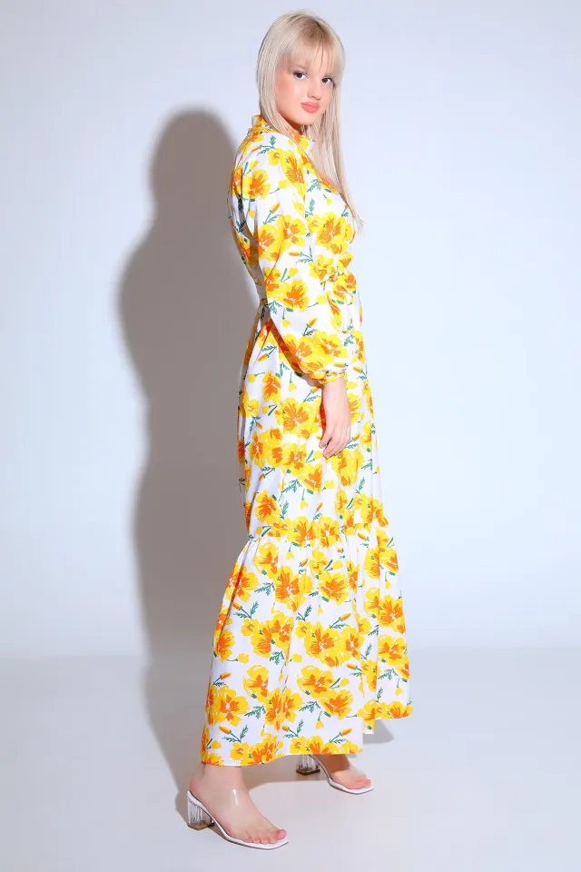 Kadın Modest Eteği Katlı Kol Lastikli Desenli Yazlık Tesettür Elbise Kremsarı