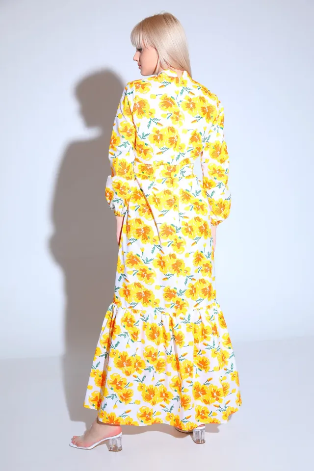 Kadın Modest Eteği Katlı Kol Lastikli Desenli Yazlık Tesettür Elbise Kremsarı