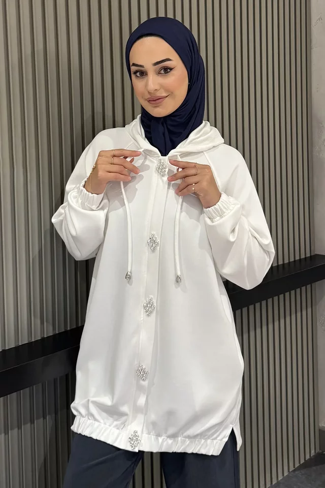 Kristal Dokunuş Kapüşonlu Tesettür Hırka - 1