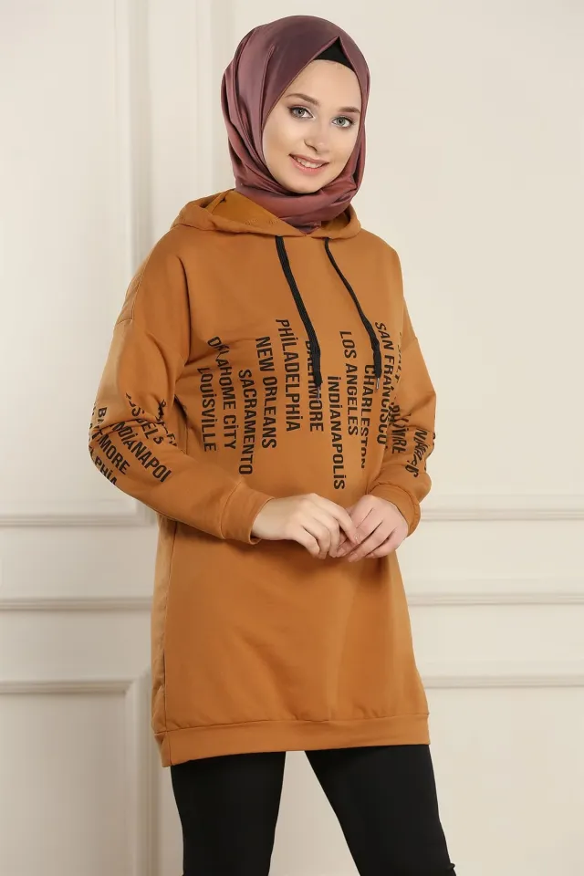 Kapüşonlu Baskılı Sweatshirt Camel